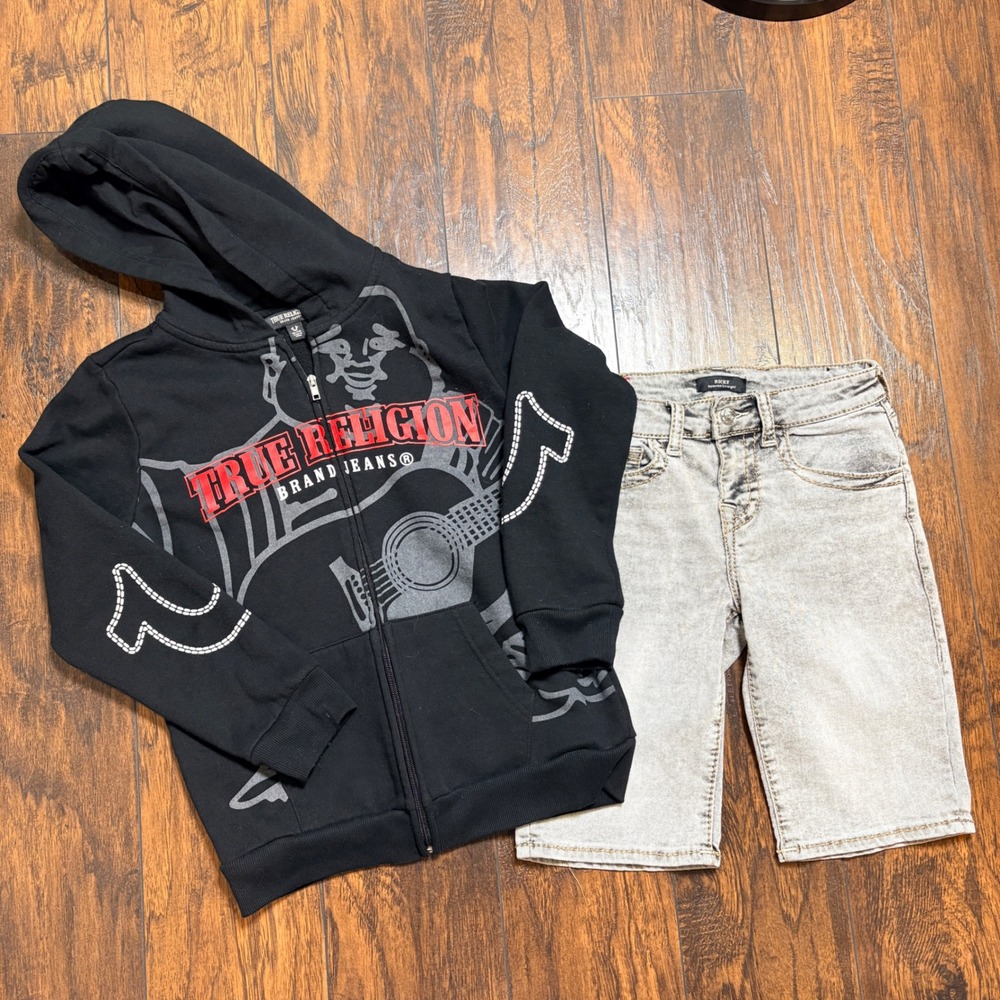 True Religion Hoodie and Shorts Set Kids XL 12 Black Grey Graphic Ricky Relaxed